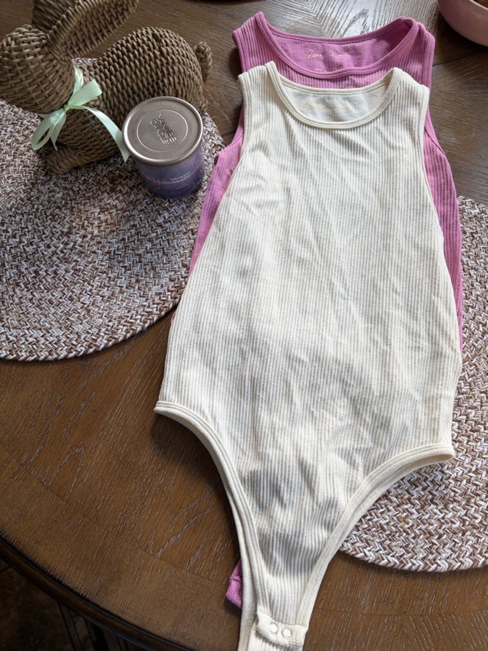 2 Women’s Ribbed Tank Bodysuits- Cream and Pink. XS
